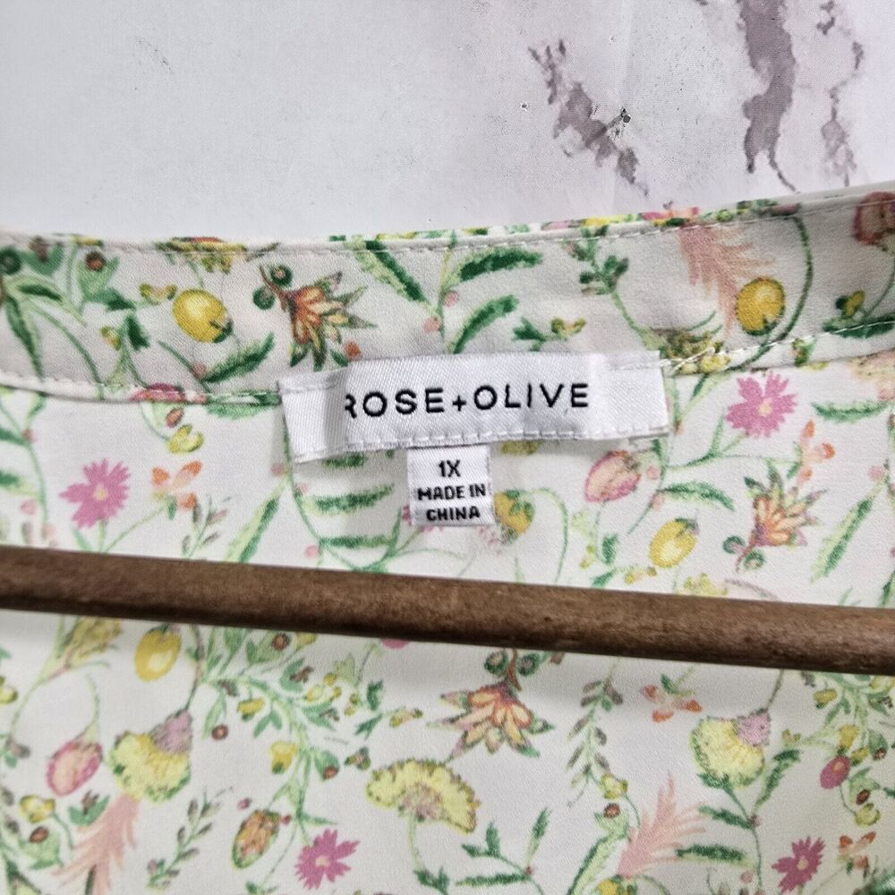 Rose + Olive Shirt Womens 1X White Green Pink Blouse Popover Flowy Ditzy Floral - Picture 3 of 12